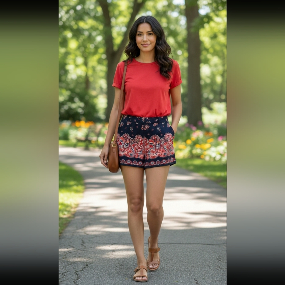 Loft Riviera black and red paisley 4" front zip shorts. Size 2. EUC